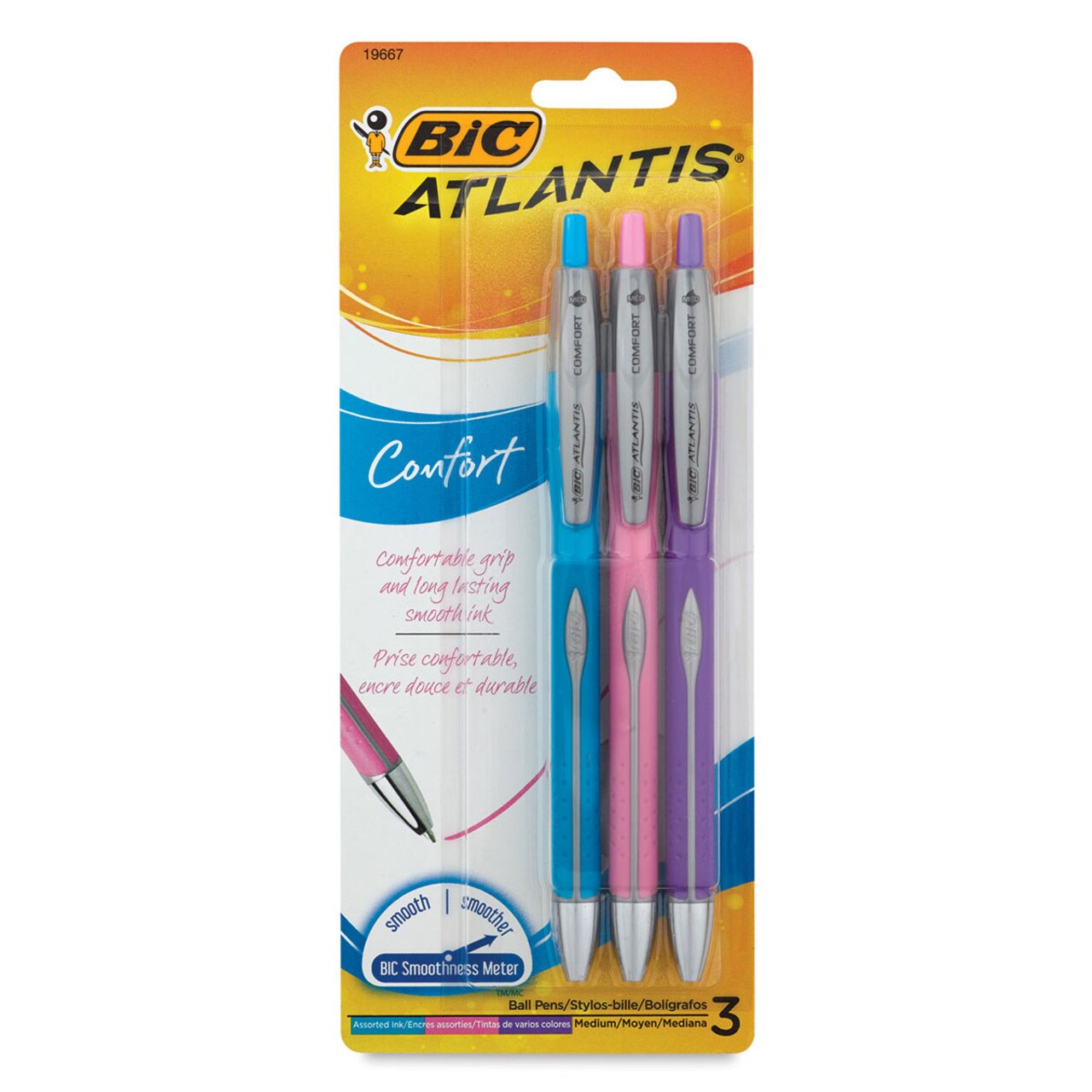 Bic Atlantis Original Retractable Ball Pens - Comfort, 1.2 mm Tip, Set of 3 Fashion Colors